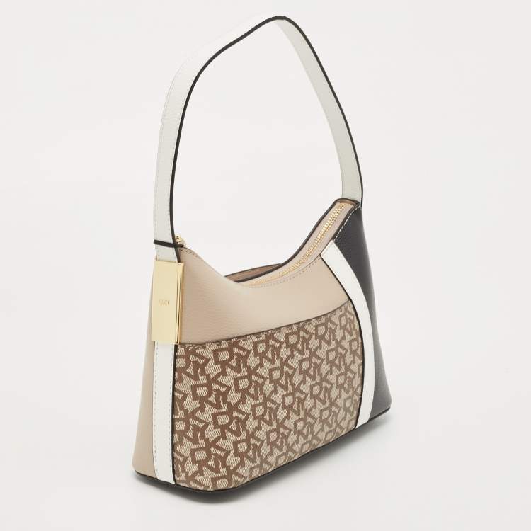 Pre Owned DKNY Beige and Black Signature Canvas and Leather Hobo