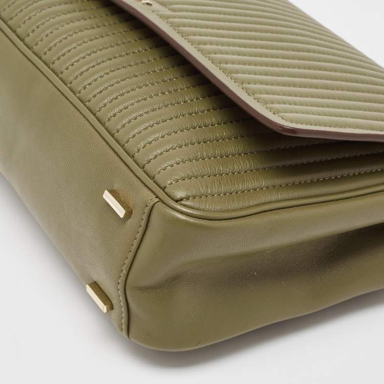 Pre Owned  DKNY Olive Green Pinstripe Quilted Leather Large Gansevoort Top Handle Bag 