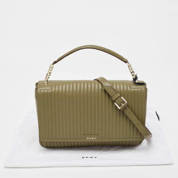 Pre Owned  DKNY Olive Green Pinstripe Quilted Leather Large Gansevoort Top Handle Bag 