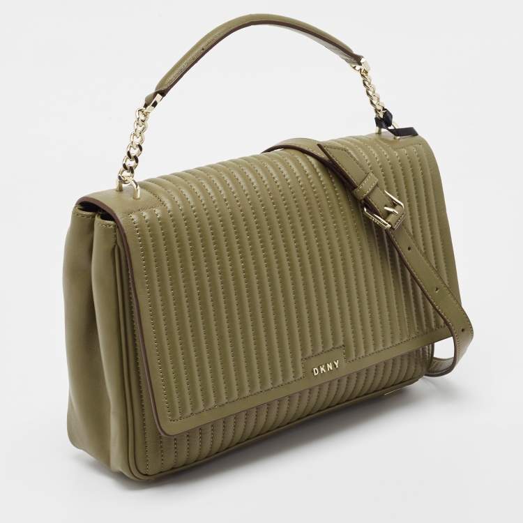 Pre Owned  DKNY Olive Green Pinstripe Quilted Leather Large Gansevoort Top Handle Bag 