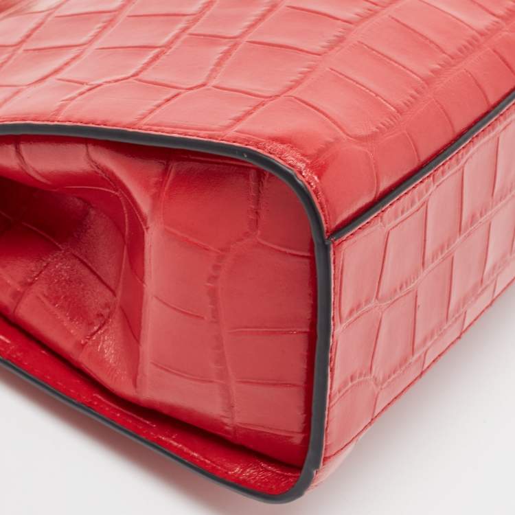 Pre Owned DKNY Red Croc Embossed Leather Cooper Top Handle Bag