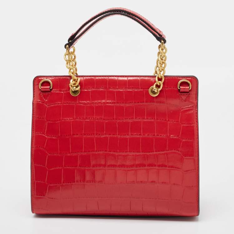Pre Owned DKNY Red Croc Embossed Leather Cooper Top Handle Bag