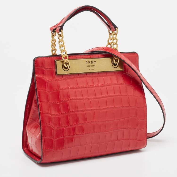 Pre Owned DKNY Red Croc Embossed Leather Cooper Top Handle Bag