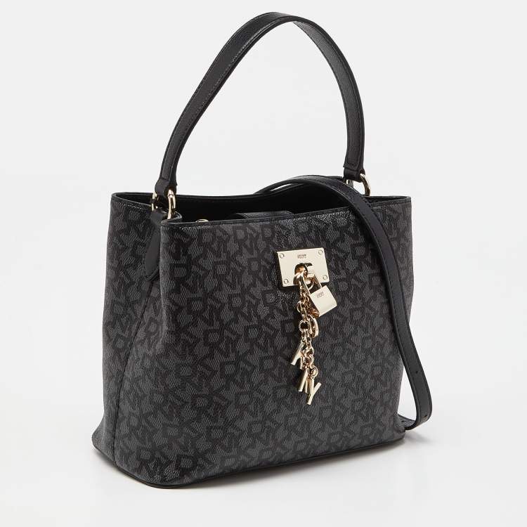 Pre Owned Dkny Black Signature Coated Canvas Padlock Tote