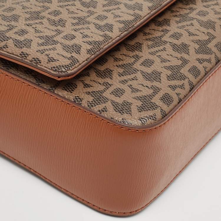 Pre Owned DKNY Two Tone Brown Signature Coated Canvas Bryant Park Flap Crossbody Bag