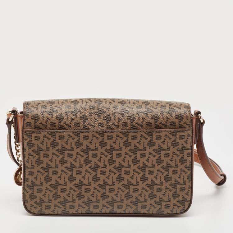 Pre Owned DKNY Two Tone Brown Signature Coated Canvas Bryant Park Flap Crossbody Bag