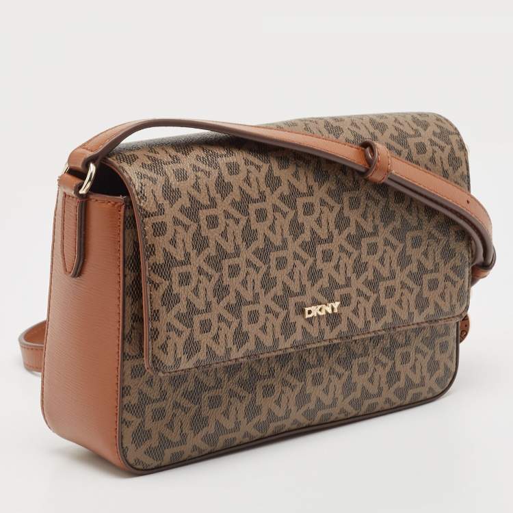 Pre Owned DKNY Two Tone Brown Signature Coated Canvas Bryant Park Flap Crossbody Bag