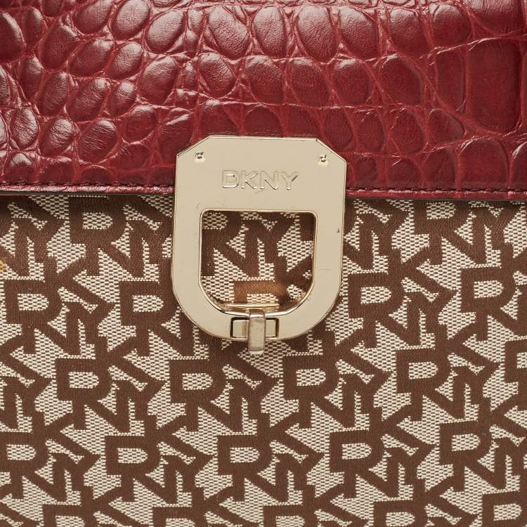 مملوكة مسبقًا DKNY Burgundy/Beige Monogram Canvas and Croc Embossed Leather Turnlock Flap Tote