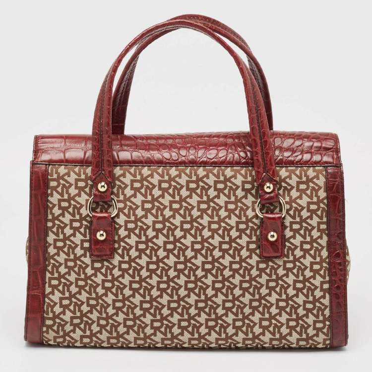 مملوكة مسبقًا DKNY Burgundy/Beige Monogram Canvas and Croc Embossed Leather Turnlock Flap Tote