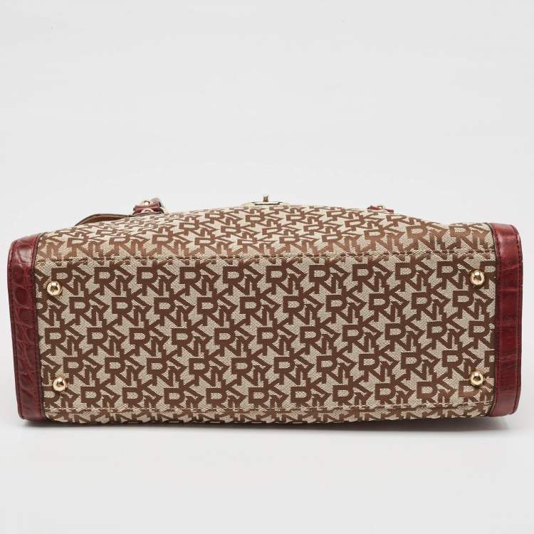 مملوكة مسبقًا DKNY Burgundy/Beige Monogram Canvas and Croc Embossed Leather Turnlock Flap Tote
