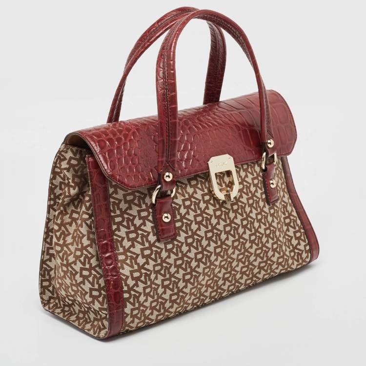 مملوكة مسبقًا DKNY Burgundy/Beige Monogram Canvas and Croc Embossed Leather Turnlock Flap Tote
