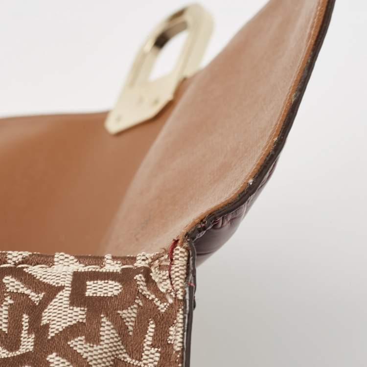 مملوكة مسبقًا DKNY Burgundy/Beige Monogram Canvas and Croc Embossed Leather Turnlock Flap Tote