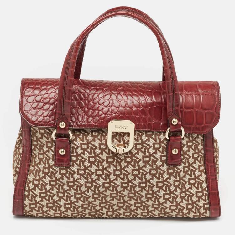 مملوكة مسبقًا DKNY Burgundy/Beige Monogram Canvas and Croc Embossed Leather Turnlock Flap Tote