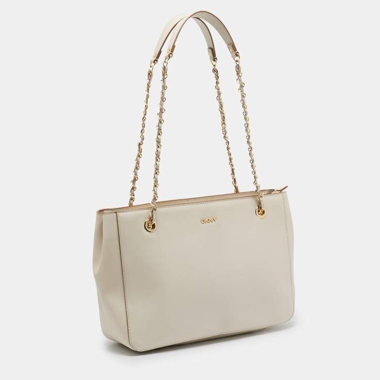 Pre Owned DKNY Ivory Leather Top Zip Chain Tote