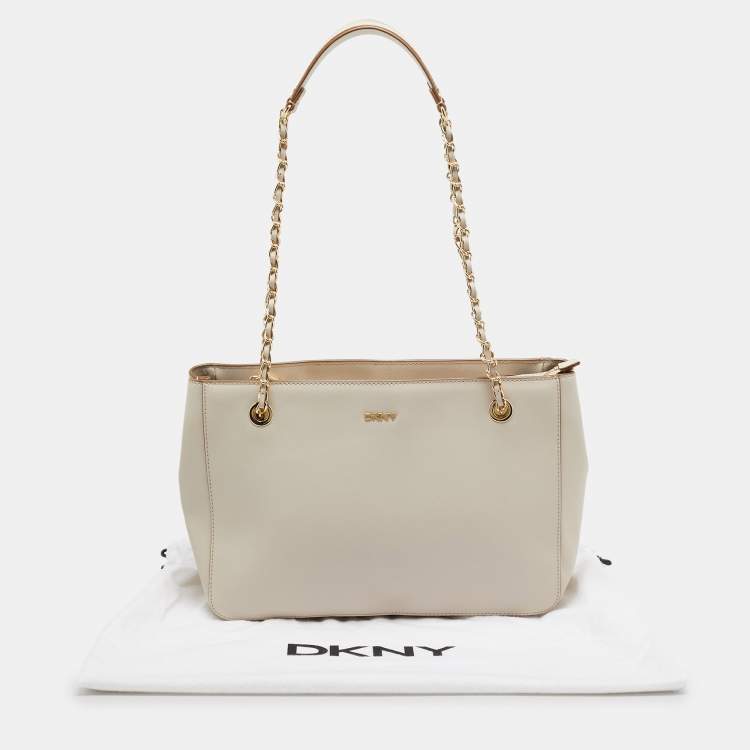 Pre Owned DKNY Ivory Leather Top Zip Chain Tote