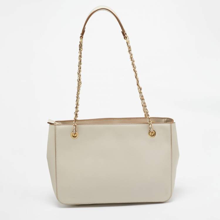 Pre Owned DKNY Ivory Leather Top Zip Chain Tote