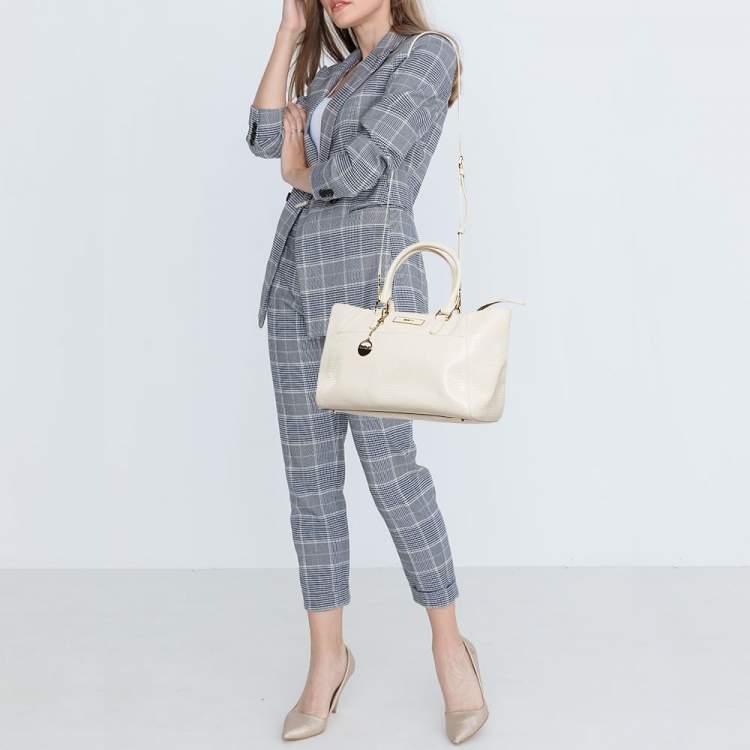Pre Owned DKNY Off White Lizard Embossed Leather Top Zip Tote