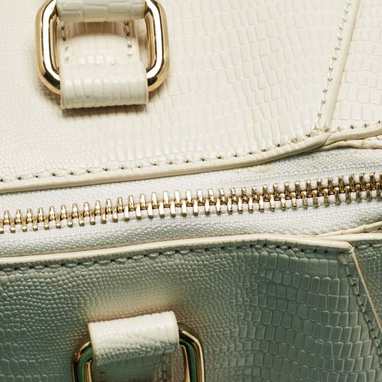 Pre Owned DKNY Off White Lizard Embossed Leather Top Zip Tote