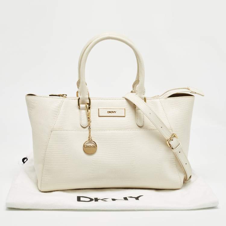 Pre Owned DKNY Off White Lizard Embossed Leather Top Zip Tote