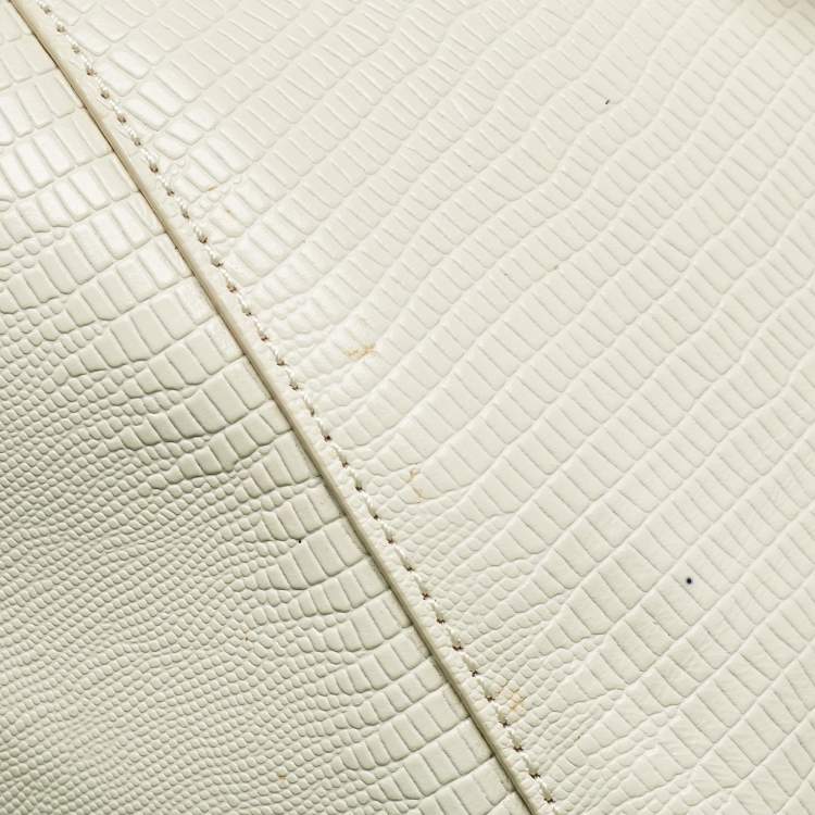 Pre Owned DKNY Off White Lizard Embossed Leather Top Zip Tote