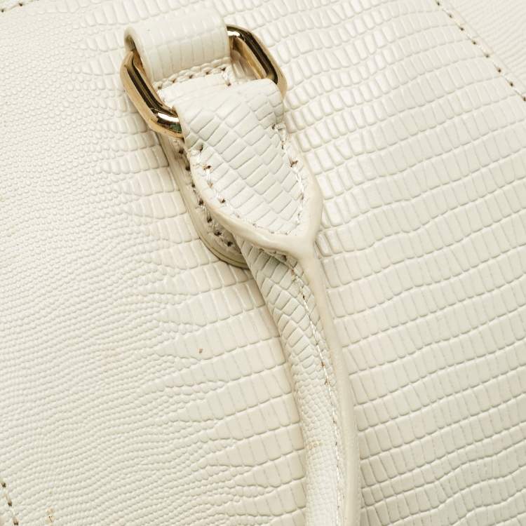 Pre Owned DKNY Off White Lizard Embossed Leather Top Zip Tote