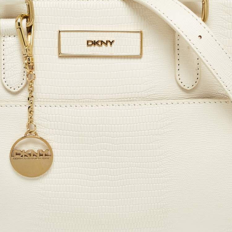 Pre Owned DKNY Off White Lizard Embossed Leather Top Zip Tote