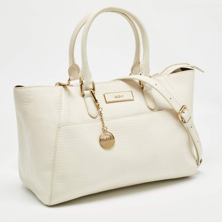 Pre Owned DKNY Off White Lizard Embossed Leather Top Zip Tote
