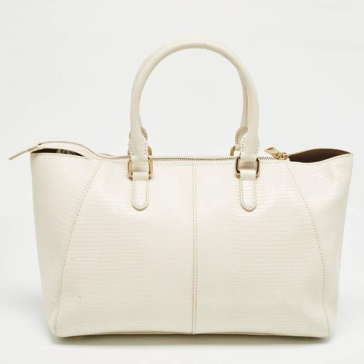 Pre Owned DKNY Off White Lizard Embossed Leather Top Zip Tote