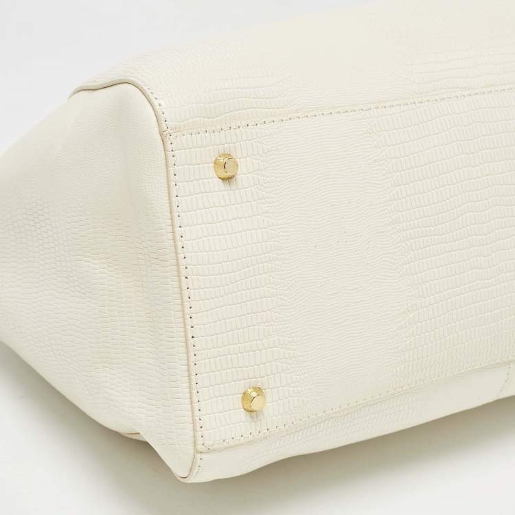 Pre Owned DKNY Off White Lizard Embossed Leather Top Zip Tote