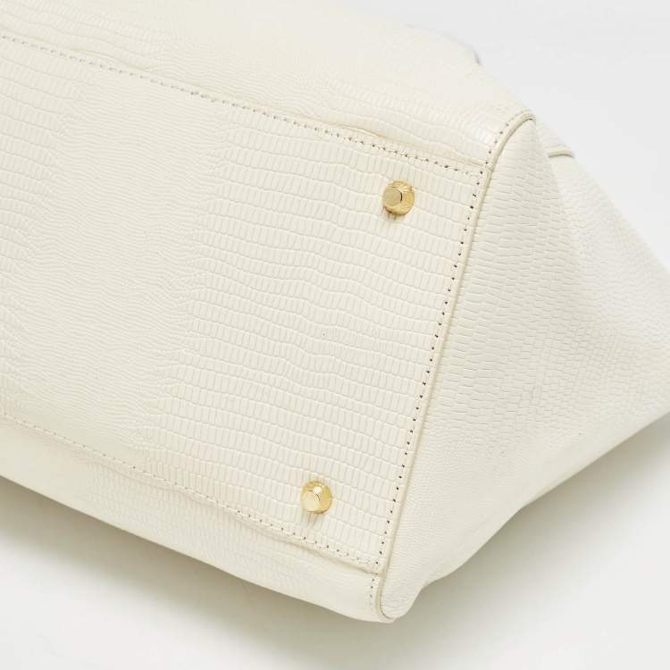 Pre Owned DKNY Off White Lizard Embossed Leather Top Zip Tote