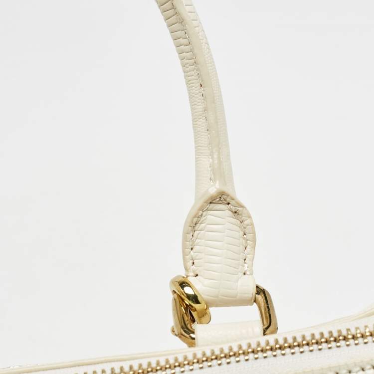 Pre Owned DKNY Off White Lizard Embossed Leather Top Zip Tote