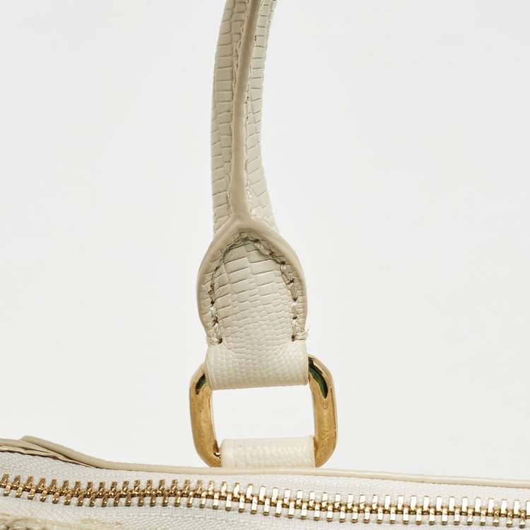 Pre Owned DKNY Off White Lizard Embossed Leather Top Zip Tote