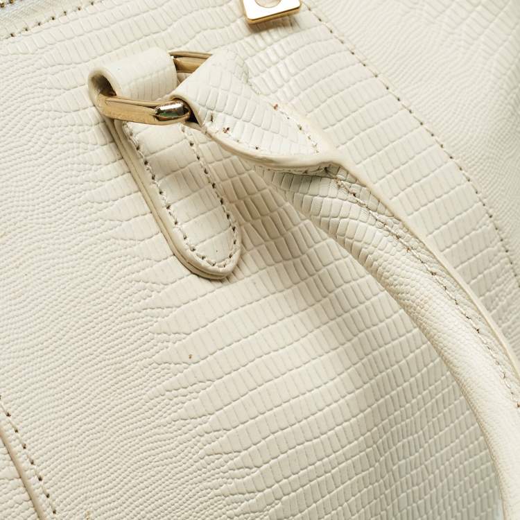 Pre Owned DKNY Off White Lizard Embossed Leather Top Zip Tote
