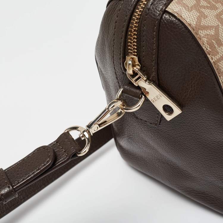 Pre Owned DKNY Brown/Beige Monogram Coated Canvas and Leather Lock Charm Boston Bag
