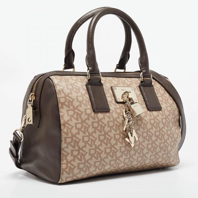 Pre Owned DKNY Brown/Beige Monogram Coated Canvas and Leather Lock Charm Boston Bag