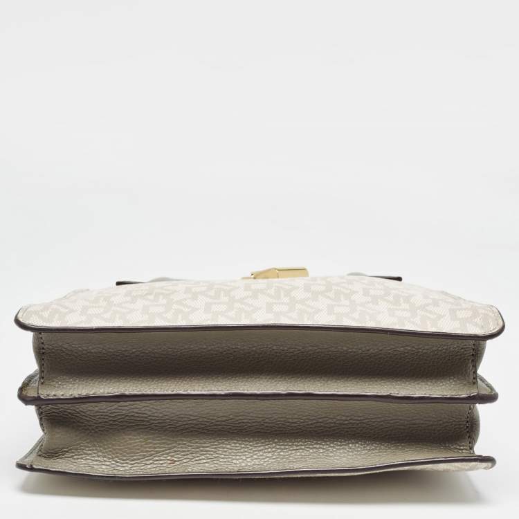Pre Owned DKNY Grey/Beige Signature Coated Canvas and Leather Padlock Charm Tote