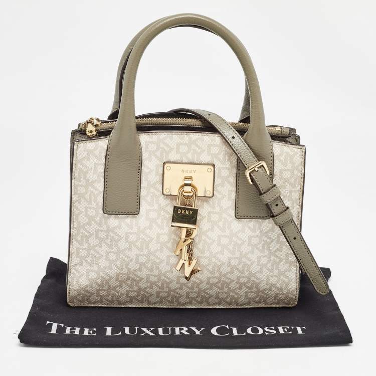 Pre Owned DKNY Grey/Beige Signature Coated Canvas and Leather Padlock Charm Tote