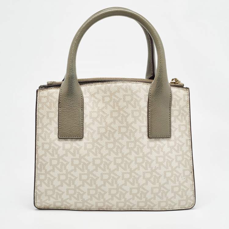 Pre Owned DKNY Grey/Beige Signature Coated Canvas and Leather Padlock Charm Tote