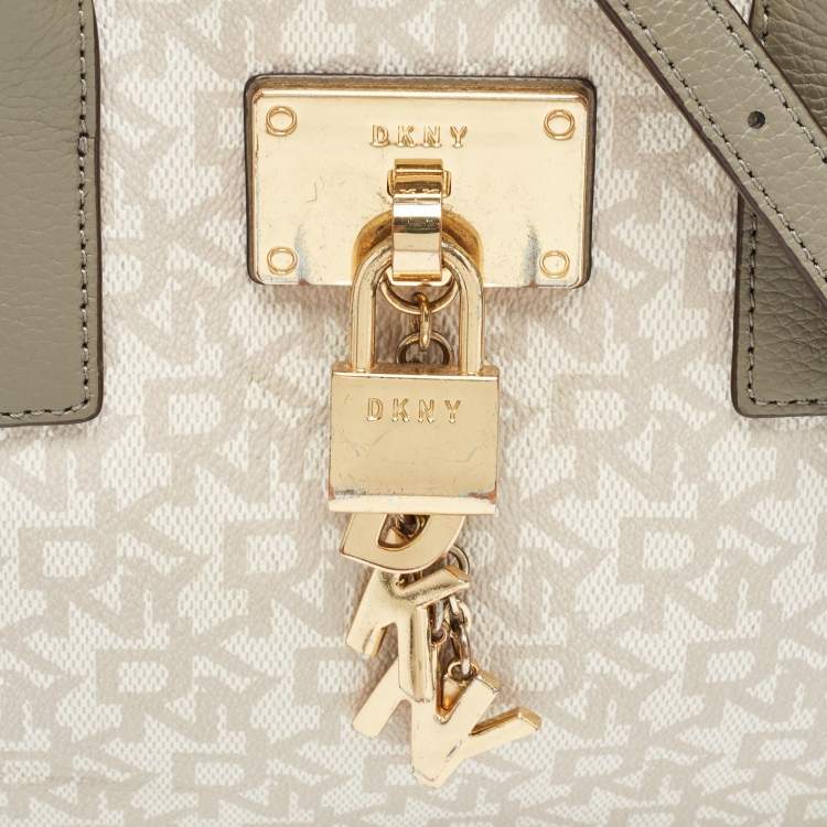 Pre Owned DKNY Grey/Beige Signature Coated Canvas and Leather Padlock Charm Tote