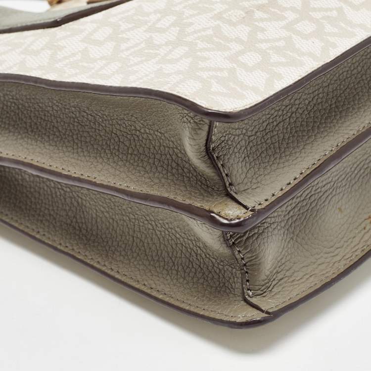 Pre Owned DKNY Grey/Beige Signature Coated Canvas and Leather Padlock Charm Tote