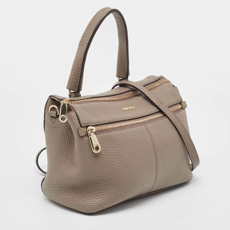 Pre Owned DKNY Grey Leather Front Zip Top Handle Bag