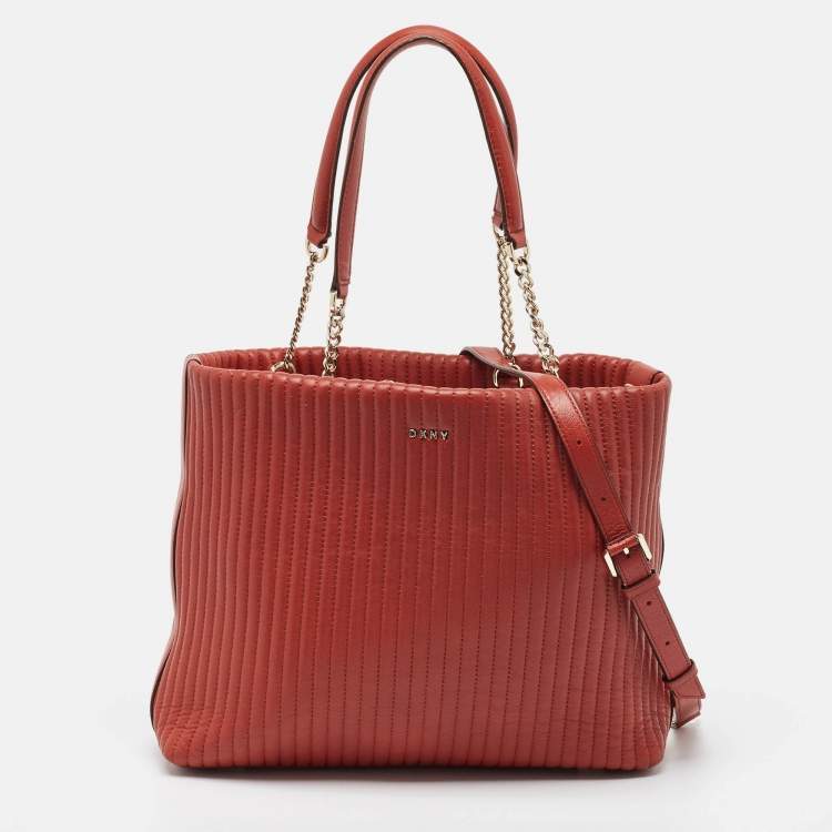 Pre Owned DKNY Brick Brown Leather Pinstripe Gansevoort Tote