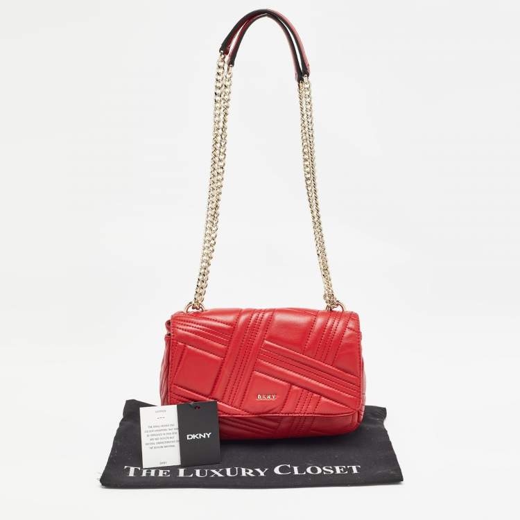 Pre Owned DKNY Red Quilted Leather Allen Flap Shoulder Bag