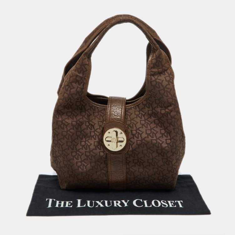 Pre Owned Dkny Brown Signature Canvas and Croc Embossed Leather Push Lock Hobo 