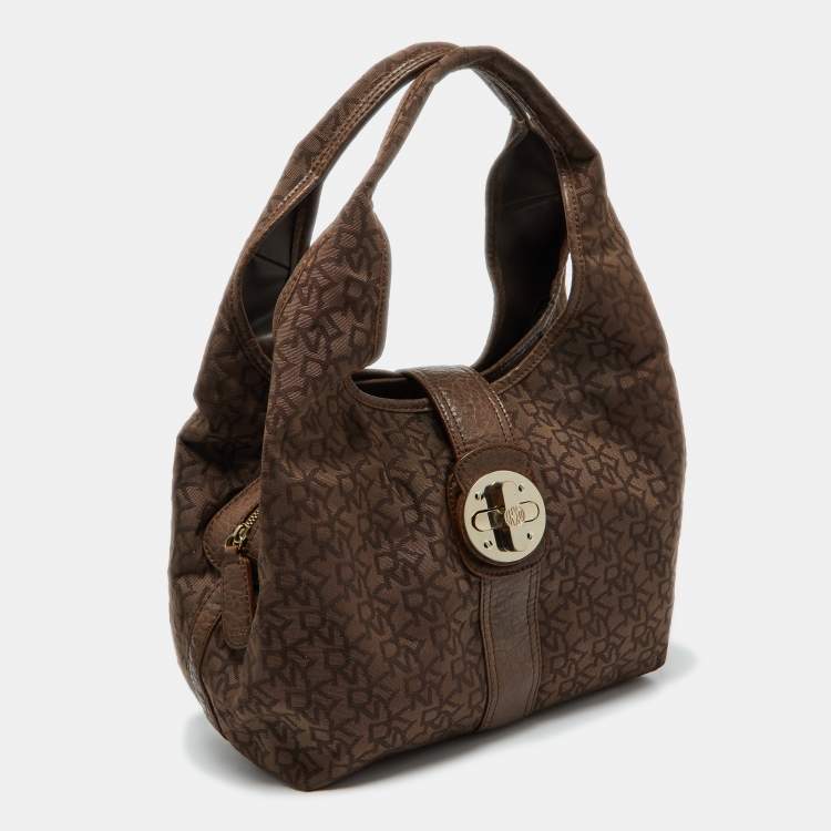 Pre Owned Dkny Brown Signature Canvas and Croc Embossed Leather Push Lock Hobo 