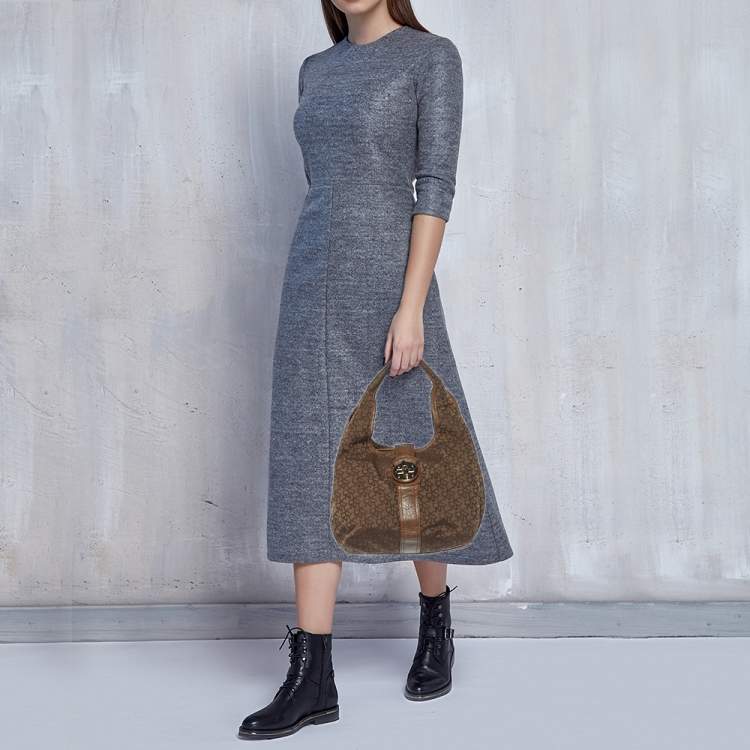 Pre Owned Dkny Brown Signature Canvas and Croc Embossed Leather Push Lock Hobo 