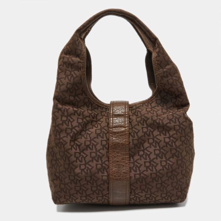 Pre Owned Dkny Brown Signature Canvas and Croc Embossed Leather Push Lock Hobo 