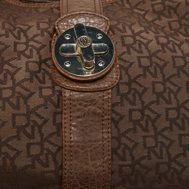 Pre Owned Dkny Brown Signature Canvas and Croc Embossed Leather Push Lock Hobo 