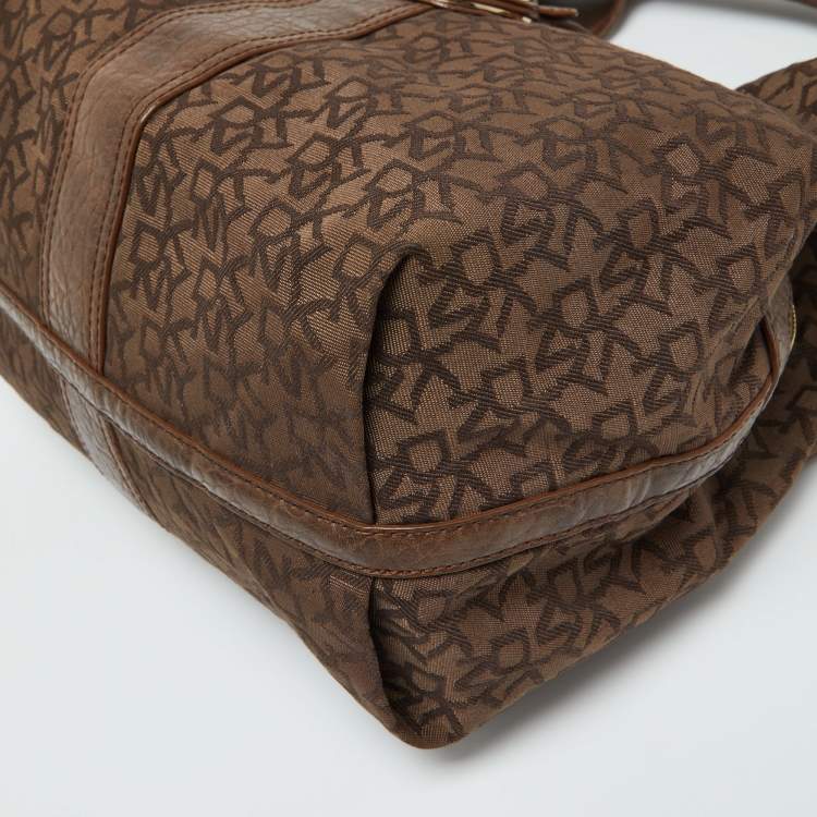 Pre Owned Dkny Brown Signature Canvas and Croc Embossed Leather Push Lock Hobo 