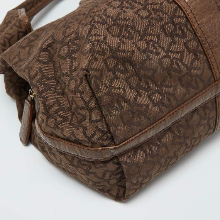 Pre Owned Dkny Brown Signature Canvas and Croc Embossed Leather Push Lock Hobo 